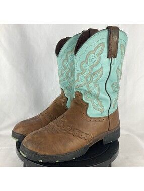 Women’s 7 C (Wide) Justin Cowboy Boots Brown Teal Turquoise Leather Waterproof